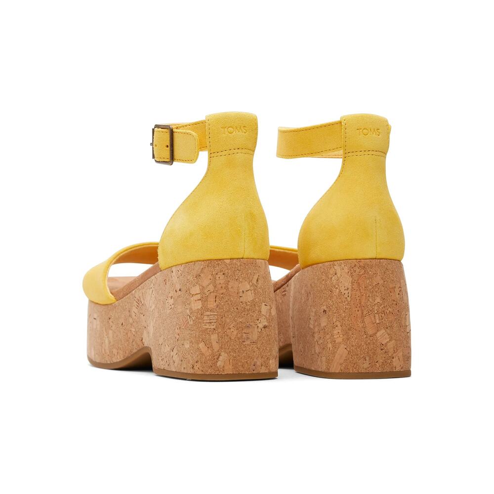 TOMS Laila Cork Platform Sandal in Yellow Suede Ankle Strap 3" Heel Womens Sz. 9 - Picture 3 of 16